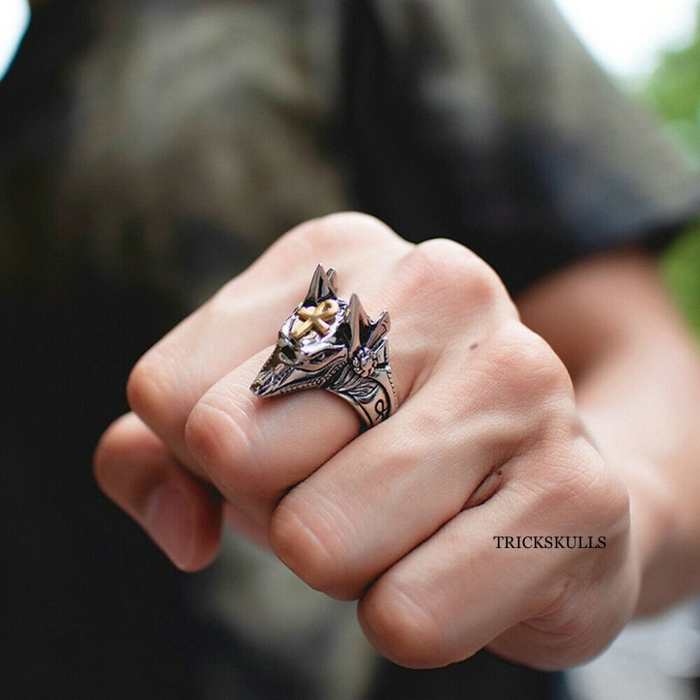 Silver Stainless Tactical Egyptian Ankh Anubis Wolf Jackal God Spikes Ring New! - Picture 8 of 10
